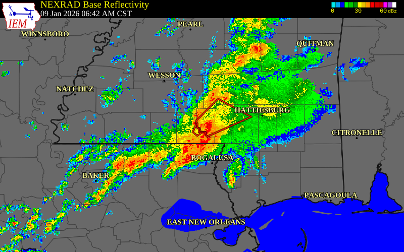 NEXRAD radar during the Friday, January 9, 2026 storm activity in Marion County, Mississippi
