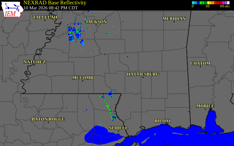 NEXRAD radar during the Tuesday, March 10, 2026 storm activity in Marion County, Mississippi