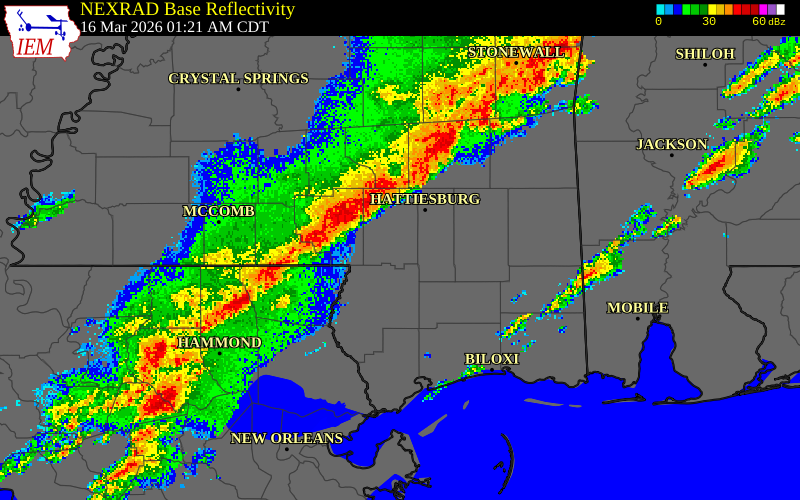 NEXRAD radar during the Monday, March 16, 2026 storm activity in Marion County, Mississippi