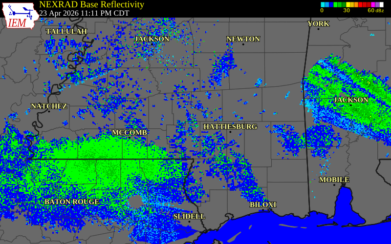 NEXRAD radar during the Thursday, April 23, 2026 storm activity in Marion County, Mississippi