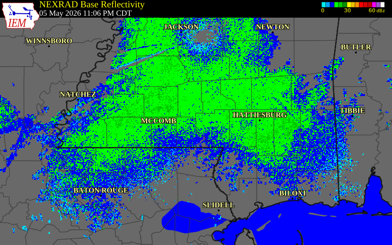 NEXRAD radar during the Tuesday, May 5, 2026 storm activity in Marion County, Mississippi