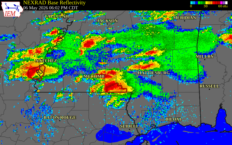 NEXRAD radar during the Wednesday, May 6, 2026 storm activity in Marion County, Mississippi