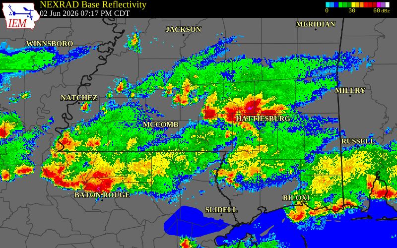 NEXRAD radar during the Tuesday, June 2, 2026 storm activity in Marion County, Mississippi