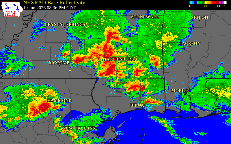 NEXRAD radar during the Friday, June 19, 2026 storm activity in Marion County, Mississippi