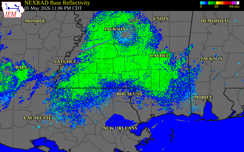 Radar snapshot during the May 5, 2026 tornado event near 7 NNW Kokomo, Marion County, Mississippi, with NWS warning polygons