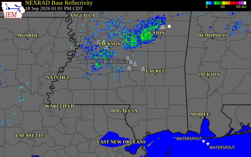 Current NEXRAD radar over Marion County, Mississippi with recent storm report locations