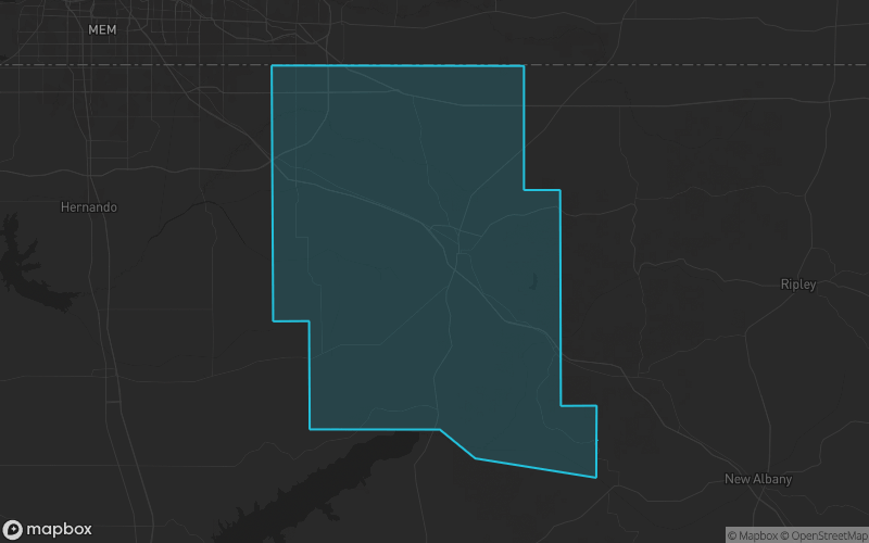 Map of Marshall County, Mississippi showing the county boundary and surrounding cities