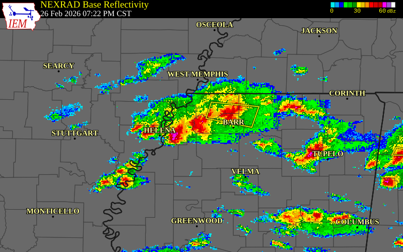NEXRAD radar during the Thursday, February 26, 2026 storm activity in Marshall County, Mississippi