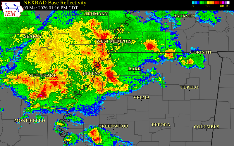 NEXRAD radar during the Monday, March 9, 2026 storm activity in Marshall County, Mississippi