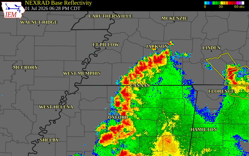 NEXRAD radar during the Wednesday, July 1, 2026 storm activity in Marshall County, Mississippi