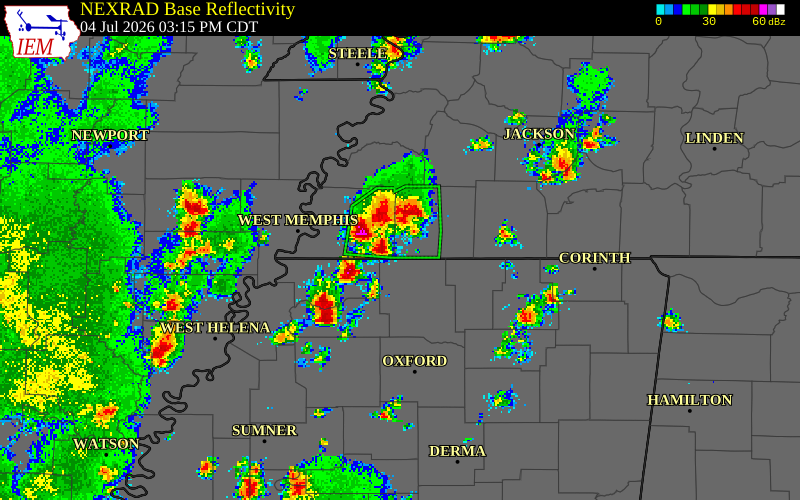 NEXRAD radar during the Saturday, July 4, 2026 storm activity in Marshall County, Mississippi