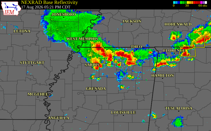 Radar snapshot during the Jul 31, 2026 wind event near Marshall County, Marshall County, Mississippi, with NWS warning polygons
