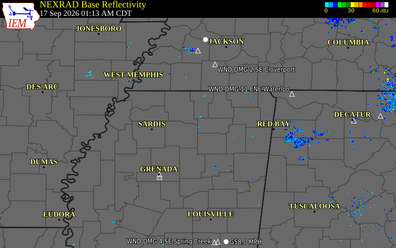 Current NEXRAD radar over Marshall County, Mississippi with recent storm report locations