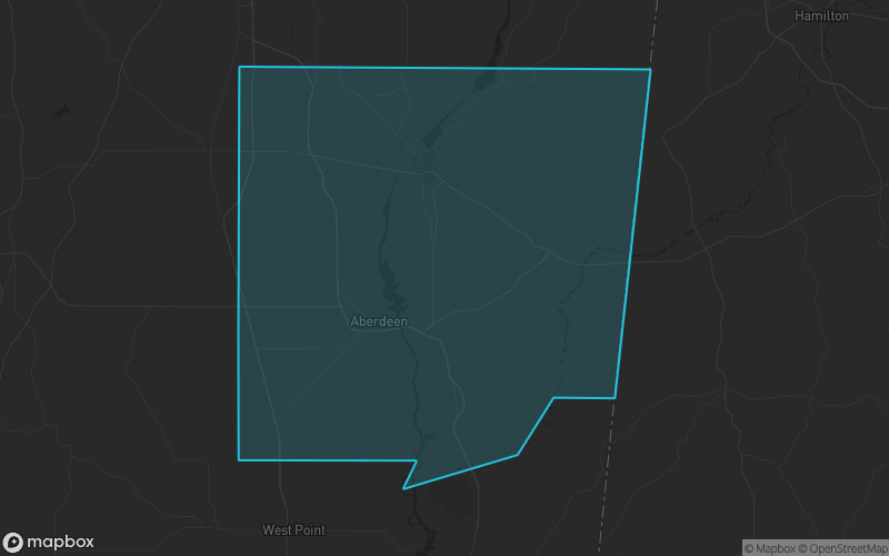 Map of Monroe County, Mississippi showing the county boundary and surrounding cities