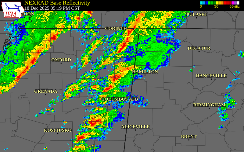 NEXRAD radar during the Thursday, December 18, 2025 storm activity in Monroe County, Mississippi