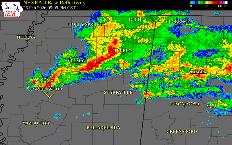 NEXRAD radar during the Thursday, February 26, 2026 storm activity in Monroe County, Mississippi