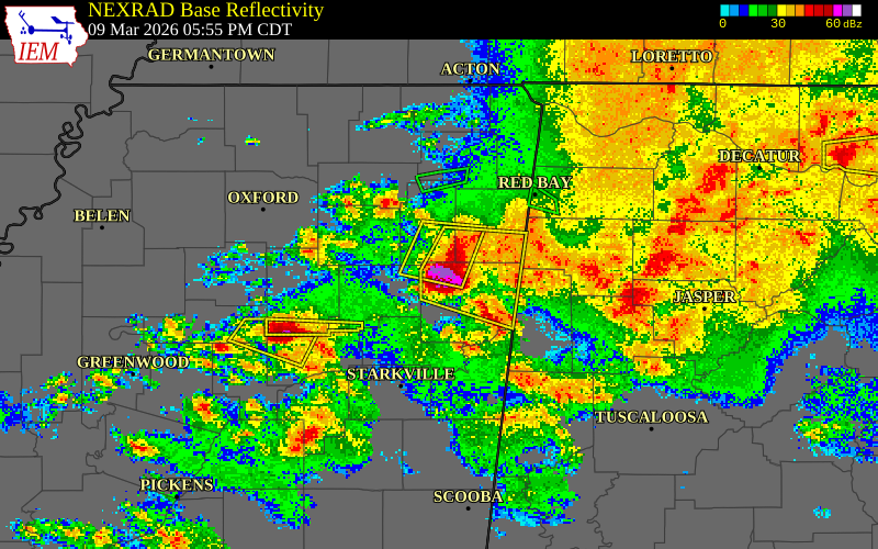 NEXRAD radar during the Monday, March 9, 2026 storm activity in Monroe County, Mississippi