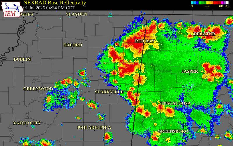 NEXRAD radar during the Wednesday, July 1, 2026 storm activity in Monroe County, Mississippi