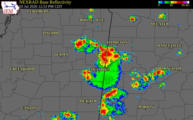 NEXRAD radar during the Friday, July 3, 2026 storm activity in Monroe County, Mississippi