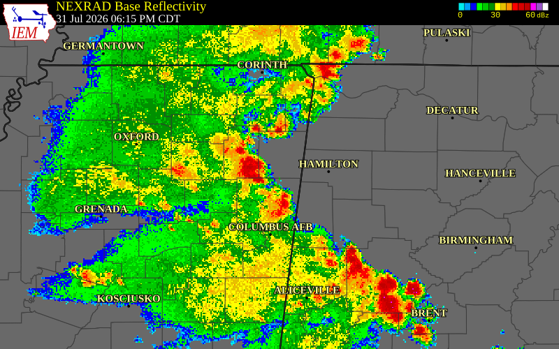 NEXRAD radar during the Friday, July 31, 2026 storm activity in Monroe County, Mississippi