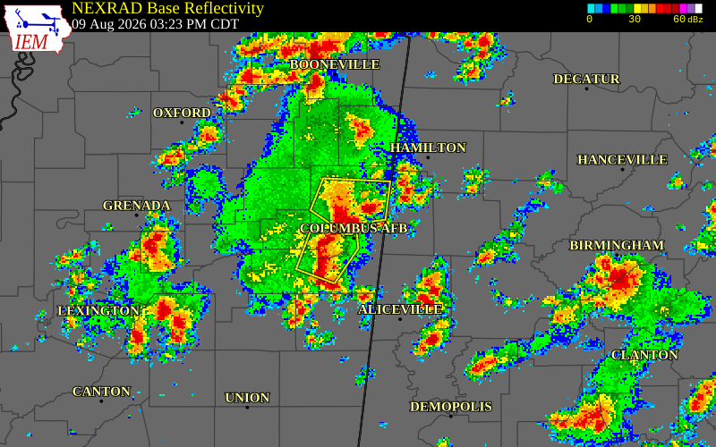 NEXRAD radar during the Sunday, August 9, 2026 storm activity in Monroe County, Mississippi