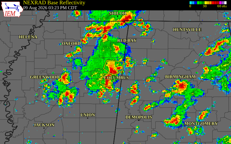 Radar snapshot during the Aug 9, 2026 wind event near Monroe County, Monroe County, Mississippi, with NWS warning polygons
