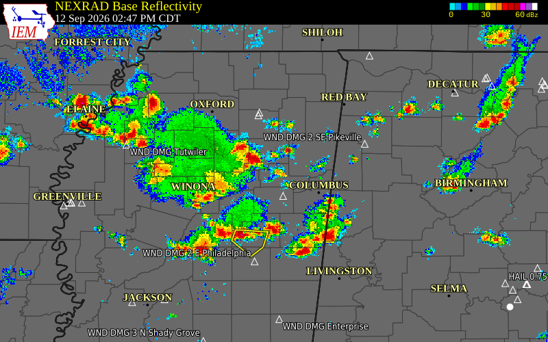 Current NEXRAD radar over Monroe County, Mississippi with recent storm report locations