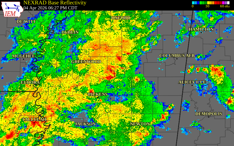 NEXRAD radar during the Saturday, April 4, 2026 storm activity in Montgomery County, Mississippi