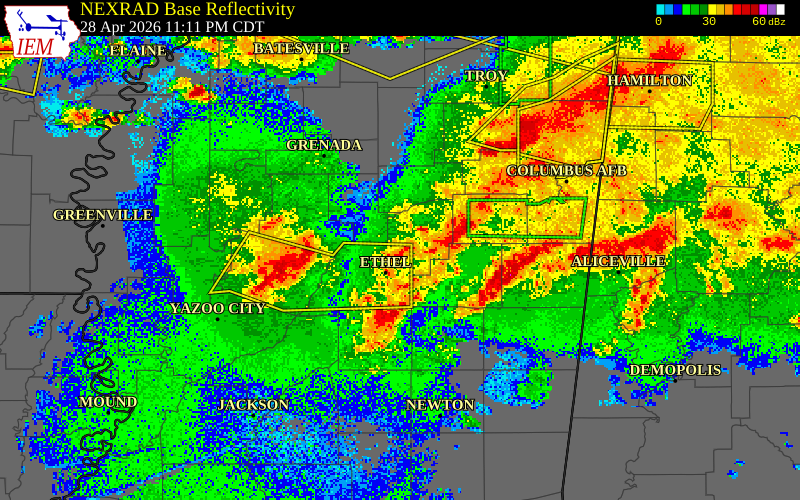 NEXRAD radar during the Tuesday, April 28, 2026 storm activity in Montgomery County, Mississippi