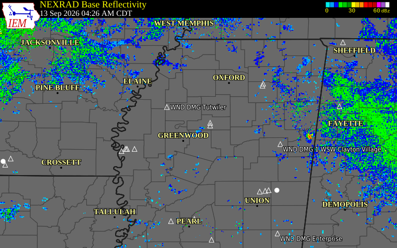 Current NEXRAD radar over Montgomery County, Mississippi with recent storm report locations