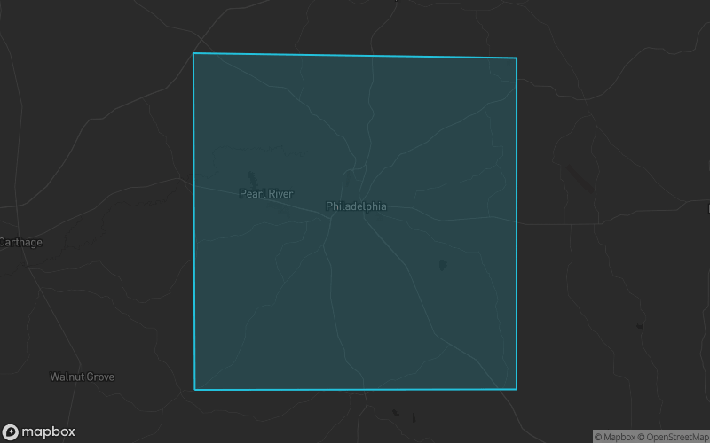 Map of Neshoba County, Mississippi showing the county boundary and surrounding cities