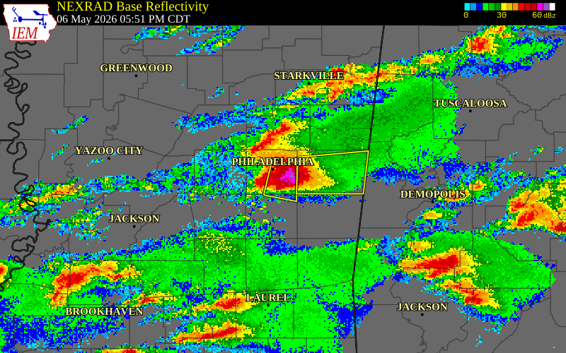 NEXRAD radar during the Wednesday, May 6, 2026 storm activity in Neshoba County, Mississippi
