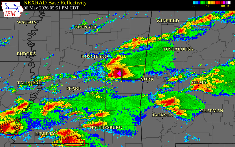 Radar snapshot during the May 6, 2026 hail event near 1 ENE Tucker, Neshoba County, Mississippi, with NWS warning polygons