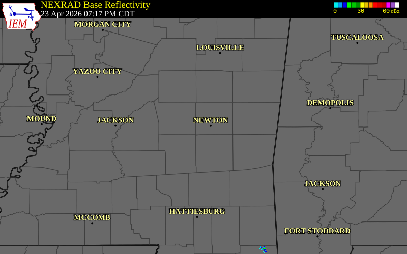 NEXRAD radar during the Thursday, April 23, 2026 storm activity in Newton County, Mississippi