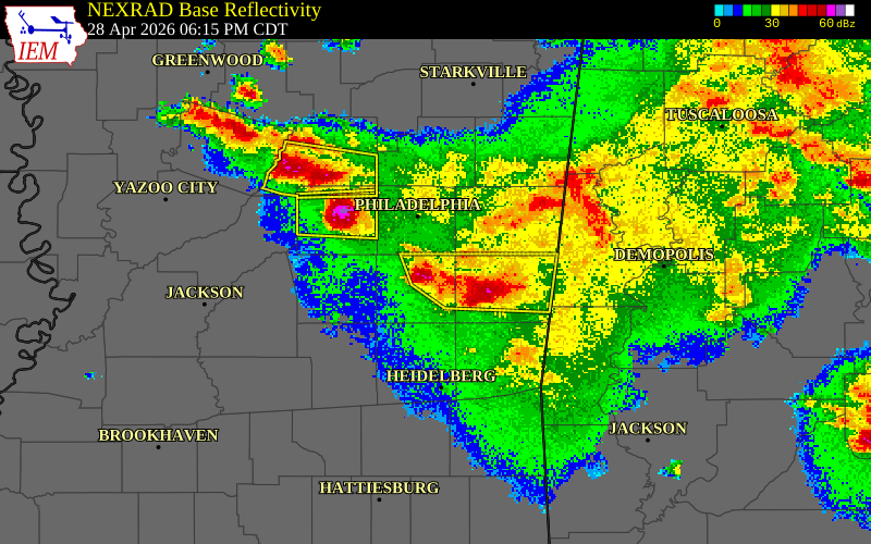 NEXRAD radar during the Tuesday, April 28, 2026 storm activity in Newton County, Mississippi