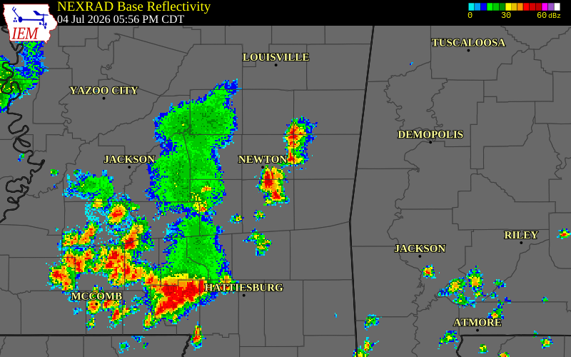 NEXRAD radar during the Saturday, July 4, 2026 storm activity in Newton County, Mississippi