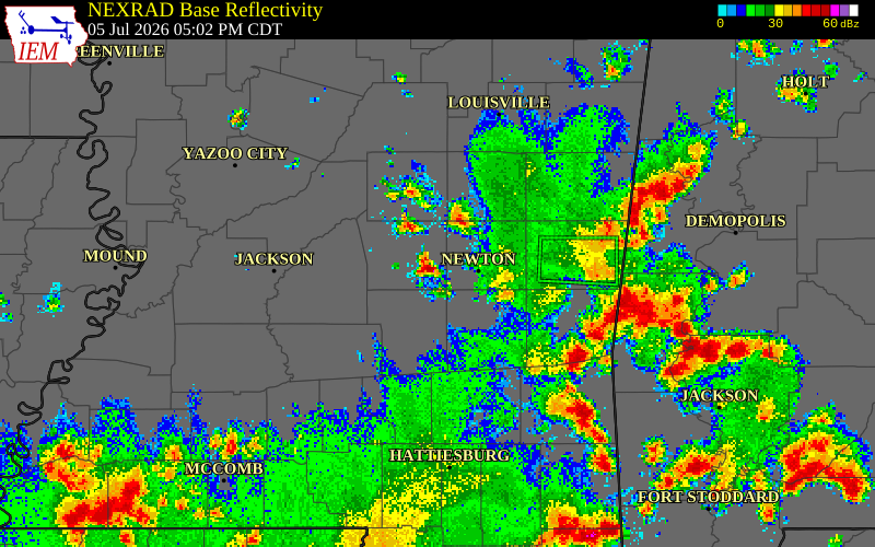 NEXRAD radar during the Sunday, July 5, 2026 storm activity in Newton County, Mississippi