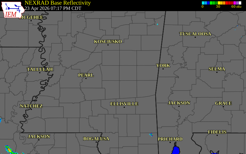 Radar snapshot during the Apr 23, 2026 hail event near 1 SSW Lawrence, Newton County, Mississippi, with NWS warning polygons