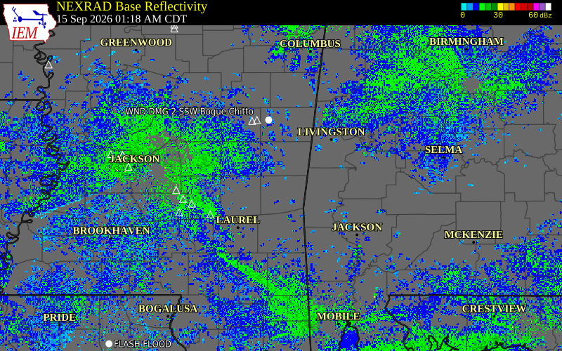 Current NEXRAD radar over Newton County, Mississippi with recent storm report locations