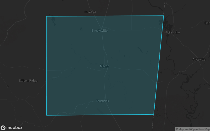 Map of Noxubee County, Mississippi showing the county boundary and surrounding cities