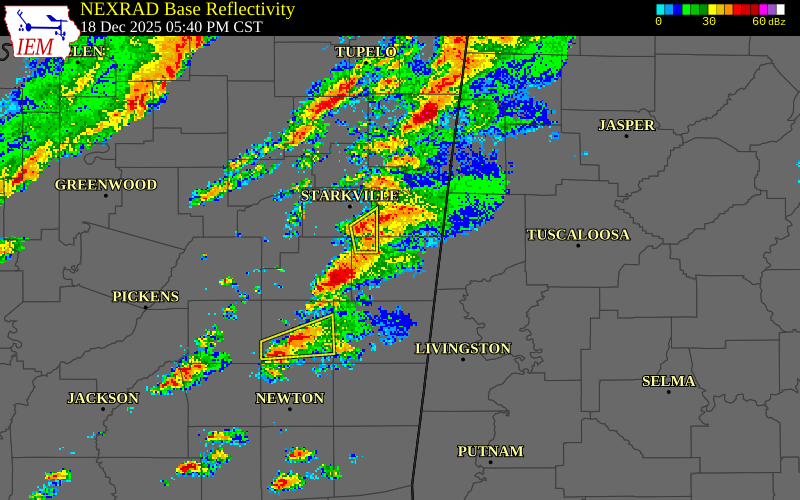 NEXRAD radar during the Thursday, December 18, 2025 storm activity in Noxubee County, Mississippi