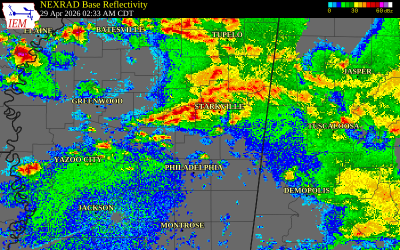 NEXRAD radar during the Wednesday, April 29, 2026 storm activity in Noxubee County, Mississippi