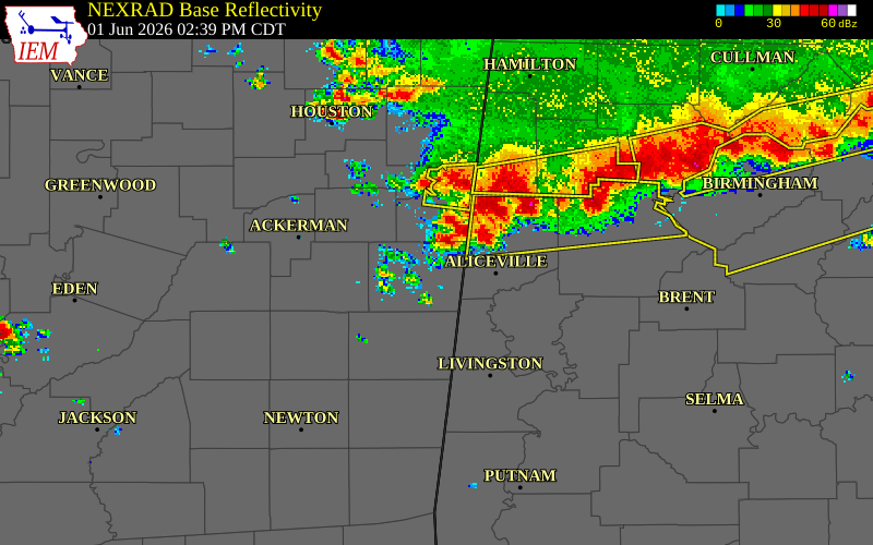 NEXRAD radar during the Monday, June 1, 2026 storm activity in Noxubee County, Mississippi