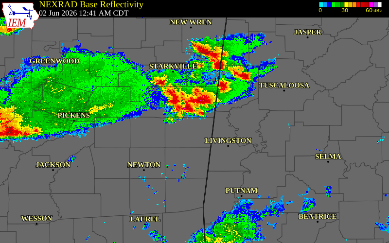 NEXRAD radar during the Tuesday, June 2, 2026 storm activity in Noxubee County, Mississippi