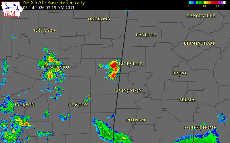 NEXRAD radar during the Sunday, July 5, 2026 storm activity in Noxubee County, Mississippi