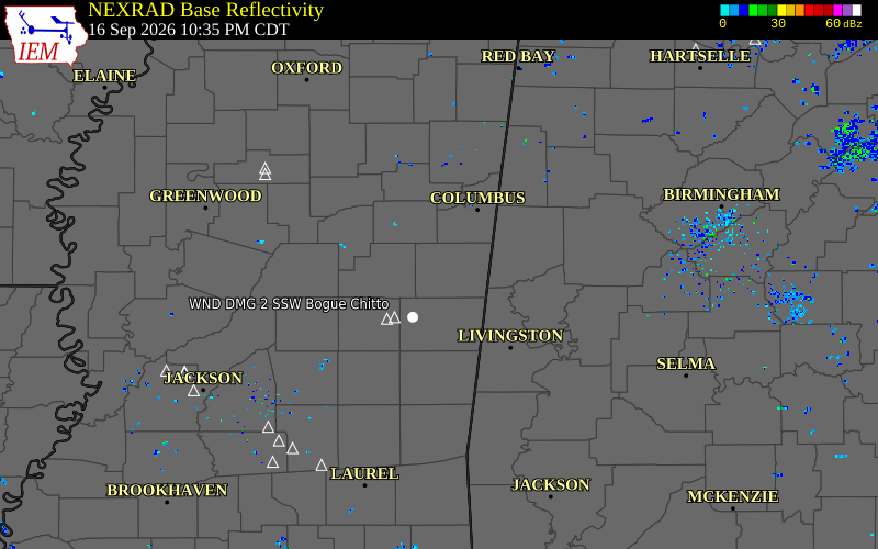 Current NEXRAD radar over Noxubee County, Mississippi with recent storm report locations
