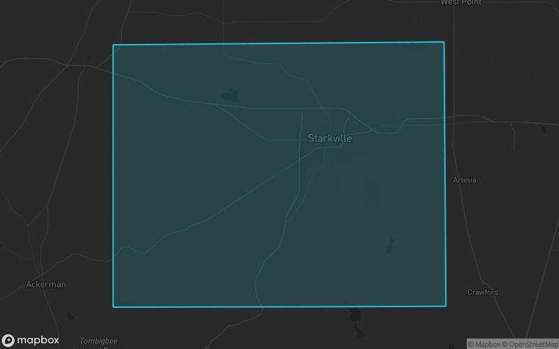 Map of Oktibbeha County, Mississippi showing the county boundary and surrounding cities