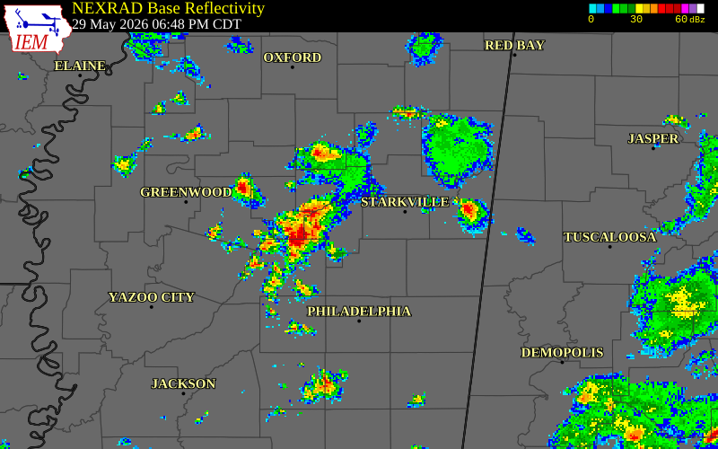 NEXRAD radar during the Friday, May 29, 2026 storm activity in Oktibbeha County, Mississippi