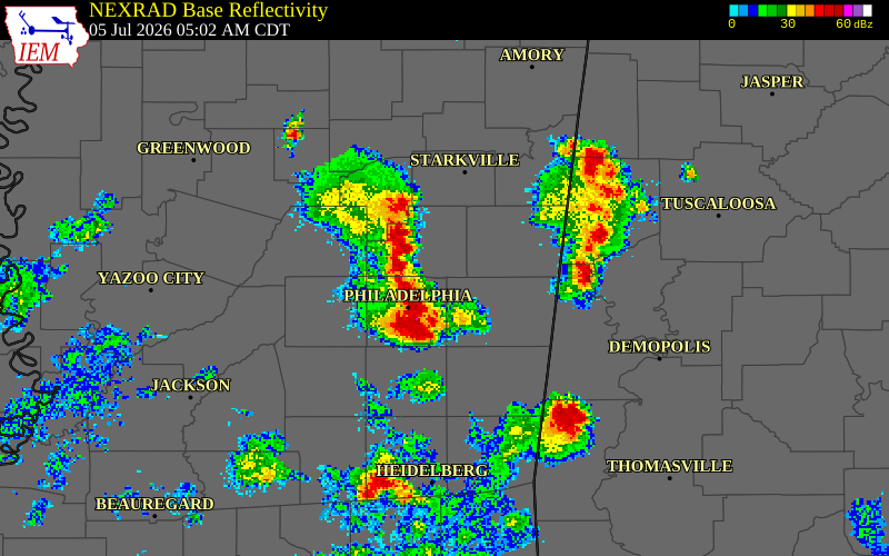 NEXRAD radar during the Sunday, July 5, 2026 storm activity in Oktibbeha County, Mississippi