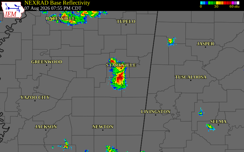 NEXRAD radar during the Friday, August 7, 2026 storm activity in Oktibbeha County, Mississippi
